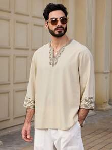 DAZY 中长袖男士衬衫，中东风格，春季款 - 杏色 - 查看 3