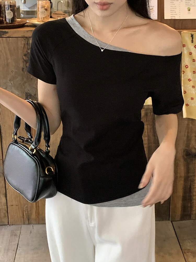 Women's Solid Color Asymmetric-Shoulder Short Sleeve Casual Contrast Color 2 In 1 T-Shirt Summer