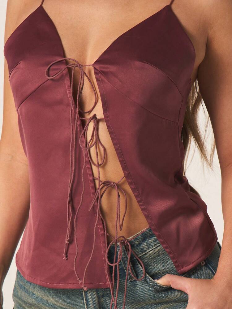 MISSGUIDED Women's Burgundy Satin Cami Tank Top With Lace-Up Front Detail Sleeveless V-Neck Fashion Blouse