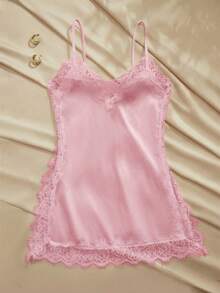 Charlaine 一件法式时尚秋季婚礼蕾丝花卉吊带夏季度假睡裙，浪漫简约优雅缎面女士睡衣 - 粉色 - 查看 7