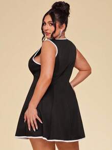 SHEIN BAE 大码女式无袖收腰优雅中长连衣裙 - 黑色 - 查看 5