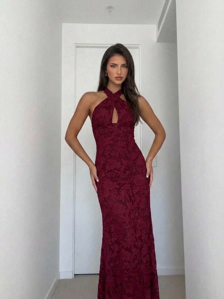 Aloruh Đầm dệt kim cổ yếm màu đỏ rượu vang, thanh lịch, thích hợp cho tiệc tùng và mặc thường ngày.