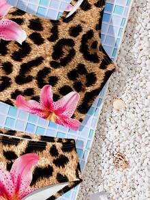 Tween Girls Cute Chocolate Brown Leopard & Lily Floral Print Two Pieces Bikini Swimwear Set,Summer Beach Holiday Camisole & Triangle Bathing Suit - Multicolor - View 4