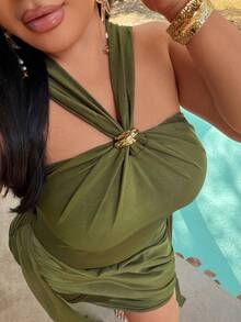 NU&NOW Plus Size Solid Color Halter Neck Bodycon Vacation Dress Plus Size Beach Outfit For Women Resort Wear Curve Cruise Outfit For Women Curvy - Green - View 2
