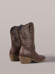 Styleloop Women Pink Western Boots, Pointed Toe V-Cut Thick Heel Embroidered Leather Boots, Low Heel Clogs, Pull-On Riding Boots And Ankle Boots Spring Shoes - Dark brown solid color - View 5