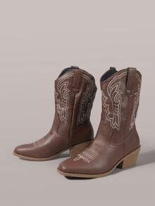 Styleloop Women Pink Western Boots, Pointed Toe V-Cut Thick Heel Embroidered Leather Boots, Low Heel Clogs, Pull-On Riding Boots And Ankle Boots Spring Shoes - Dark brown solid color - View 2