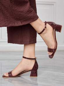 Sleekvia Women's New Chunky High-Heeled Sandals, Simple Design With Ankle Strap, Versatile And Comfortable, Suitable For Going Out, Commuting, Casual, And Vacation. Summer Shoes - Burgundy red - View 8