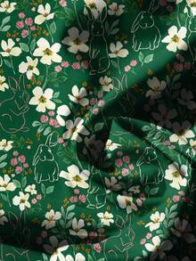 Mellowie Casual Minimalist Easter Bunny & Ditsy Floral Elegant Romantic Vintage Floral Pattern, Beach/Vacation Outfit, Summer Outdoor Women's V-Neck Button Down Flowy Sleeve Plus Size Shirt, Easter - Green - View 5
