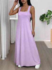 SHEIN EZwear Women's Purple Asymmetric Neckline Sleeveless Casual Dress, Built-In Bra, Summer Dress, Purple Vacation Dress, Purple Summer Dress, Casual Purple Dress - Purple - View 3