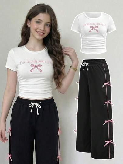 SHEIN Girlism 2pcs/Set Teen Girls T-Shirt Co-Ords, White Bow Decor Round Neck Cropped Tee Paired With Black Wide Leg Pants, Pink Bow Set, Suitable For Daily Wear, Commute, Hanging Out With Friends, Vacation