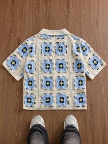 Manfinity Unisex Men's Crochet Hollow Out Short Sleeve Single-Breasted Knit Top - Blue - View 2