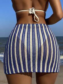 Swim Vcay 针织提花条纹面料侧抽绳女裙 - 藍色 - 查看 2