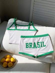 Comfortcana Conjunto de camiseta de tirantes y shorts súper cortos en los colores de la bandera de Brasil - Multicolor - Ver 2