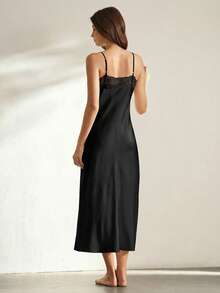 Ocili Áo ngủ hai dây ren phối màu trơn tương phản thanh lịch dành cho nữ. - màu đen - Xem 3