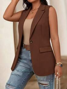 GlowEve CURVE Plus Size Women's Commuter, Notched Collar Design, Decorative Button, Sleeveless Blazer - Brown - View 3