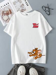 TOM & JERRY X SHEIN 女士休闲宽松圆领短袖T恤，适合夏季穿着（仅含一件女士T恤） - 白色 - 查看 2