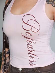 Arliah Women's Black Versatile Commuter U-Neck Silver English Letter Print Streetwear Slim Fit Camisole Tank Top, Spring/Summer - Pink - View 4