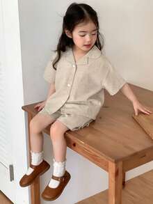 DAZY Baby Girl Comfortable Korean Style Solid Color Collar Shirt 2 Pieces Set - Apricot - View 7
