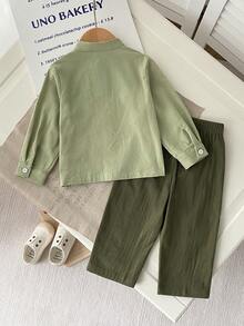 2pcs/Set Baby Boy Casual Linen Blend Collared Long Sleeve Shirt And Elastic Waist Linen Woven Pants Set, Suitable For Commuting, School, Casual, Holiday, Wedding And Other Occasions, 6M-3T, Children Clothing, Infant Clothing, Toddler Shirt, Toddler Pants Toddler Green Suit Olive Green Toddler Boy Green Baby Set Baby Olive Green Outfit Spring Green Outfit Baby Boy - Green - View 2