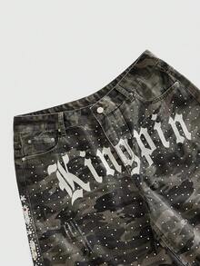 Men's Sparkling Diamond Camouflage Denim Shorts - Army Green - View 2