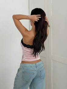 CovetEZ 2026 New Women's Casual Fashionable Velvet Lace Patchwork Sexy Charming Party Style Elegant Contrast Lace Trim Strapless Top Tube Top With Bra Tube Tops Women Pink Tube Top Cute Tube Top - Pink - View 2