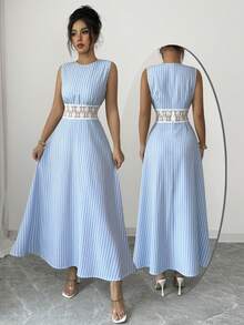 Elenzga Women's Spring/Summer New Hollow-Out Lace Crochet Splice Vertical Striped French Elegant Evening Party Casual Vacation Blue & White Sleeveless Dress - Blue and White - View 6