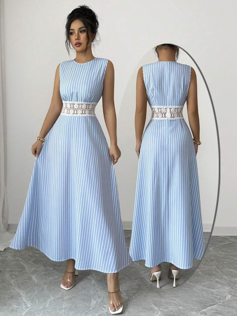 Elenzga 女士春夏新款镂空蕾丝钩编拼接竖条纹法式优雅晚宴派对休闲度假蓝白无袖连衣裙 - 藍白色 - 查看 1