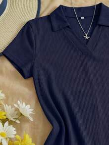 Vestido corto ajustado dama mujer básico liso manga corta cuello tipo polo estilo casual versátil cómodo chic fresco moda juvenil - Azul Marino - Ver 4