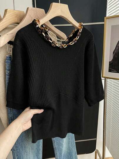 Franclia Damen Frühling/Sommer Lässig Minimalistisch Pendler Straßenmode Design Urlaubs Party Rundhals Kurzarm Dropped Shoulder Taillengürtel Schlankheits Bernsteinkette Verstellbar Figurbetont Schwarze Feinstrick Bluse, Große Größen