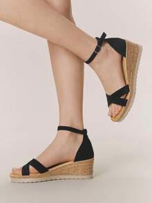 Styleloop Giày sandal đế xuồng cao gót cho nữ, chất liệu vải dệt, thiết kế quai chéo, gót dây thừng, phụ kiện không thể thiếu cho kỳ nghỉ, phong cách bohemian, lễ hội âm nhạc, tiệc tùng, phong cách retro Mỹ, trang phục ngày lễ, đồ dùng cần thiết khi đi du lịch. - Đen nâu đậm - Xem 3