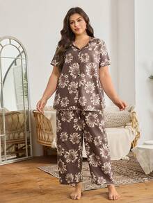 Serenescape Plus Size Casual Floral Print Open Front Pajama Set - Brown - View 4