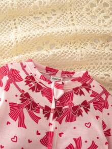 SHEIN Dozemod Kids Newborn Baby Girl Minimalist Bow Pattern Round Neck Long Sleeve Zipper Front Knit Jumpsuit Pajamas - Pink - View 8