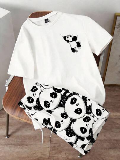 Manfinity Joysei Men's Casual Funny Panda Print T-Shirt Set, 2 Piece Outfit, Suitable For Spring/Summer Outings, School, Sports