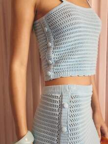 Aralina 夏季女士半透明两件套可爱针织度假沙滩上衣和裙子，带纽扣细节两件套 - 藍色 - 查看 4