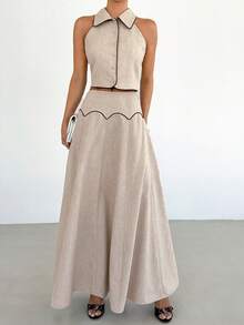 Siren Gaze Women's Linen Sleeveless Collared Top & High-Waisted Long Skirt Two-Piece Set,Khaki,Summer,Elegant,Tea Party Casual Style Dress Set For Beach Vacation - Apricot - View 4