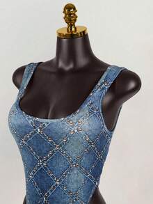 SaltGleam SaltGleam Women's Fashion Street Style Faux Denim Print Square Neck Thick Strap Backless Bodysuit Y2k Tankini Western Bathing Suit Rhinestone Swimsuit Western Swimsuits Denim Swimsuit - Blue - View 5