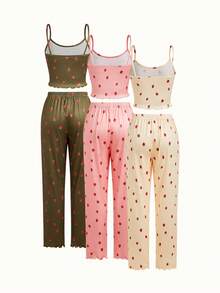 Bonmuse 3件套草莓印花吊带背心和短裤睡衣套装女士睡衣套装夏季睡衣套装草莓睡衣套装可爱睡衣套装睡衣套装女士 - 彩色 - 查看 2