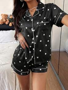Napfluff Conjunto de pijama de manga corta con cuello y estampado de corazones en rosa suave y negro, de estilo minimalista para mujer - Negro - Ver 3