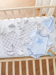 SHEIN 新生儿优雅简约低饱和度保暖汽车星星印花信封领连体衣、连脚裤和可爱波点印花帽子四件套舒适套装 - 藍色 - 查看 3