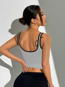 Slayform Contrast Trim Scoop Neck Fashionable Backless Sports Tank Top For Summer - Flint Stone - View 6