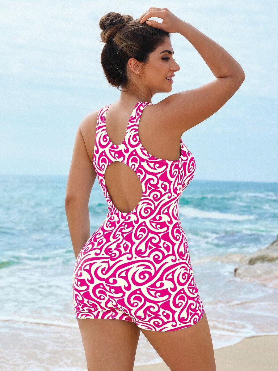 Swim SPRTY Plus Size Women One-Piece Swimsuit, Printed Fixed Cup Surfing Suit For Beach, Resort, Swimming Pool - Multicolor - View 1