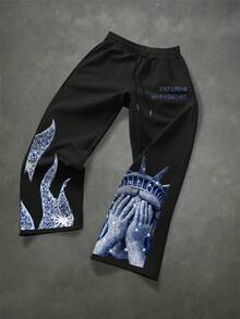 Manfinity EMRG 男士印花抽绳腰休闲宽松运动裤 - 黑色 - 查看 4