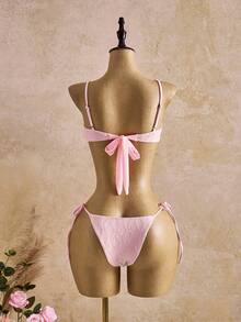 Swim Mod 2026SS New Women's Pink Bikini Set, Summer Tropical Beach Vacation Holiday Swimwear, 2pcs Elegant Vintage Textured Bowknot Retro Sweet Swimwear Outfit - Multicolor - View 2