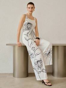 MOTF PREMIUM WOMEN'S EUROPEAN AND AMERICAN STYLE APRICOT PRINTED CAMISOLE WITH TIE WAIST AND LOOSE PRINTED WIDE LEG JUMPSUIT - Apricot - View 2