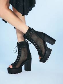 Sugerpunk 女士高跟凉鞋 暗黑摇滚朋克哥特风 夏季露趾绑带豹纹水钻性感礼服鞋 高帮网眼拼接通勤工作鞋 - 黑色 - 查看 1