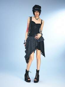 Sugerpunk 女士高跟凉鞋 暗黑摇滚朋克哥特风 夏季露趾绑带豹纹水钻性感礼服鞋 高帮网眼拼接通勤工作鞋 - 黑色 - 查看 2