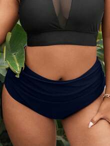 Swim Vcay Plus Size Women Summer Beach Solid Color Ruched Bikini Bottom Navy Blue - Navy Blue - View 4
