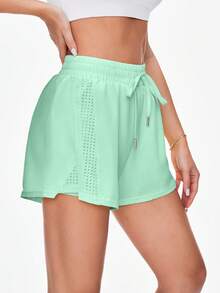 Sovereign Charm Casual Solid Color Drawstring Waist Sports Shorts - Mist Green - View 5