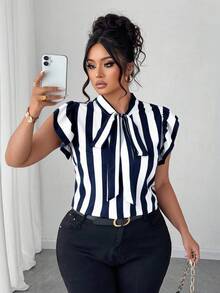 Elenzga Plus Size Casual/Commuting Black & White Striped Short Cap Sleeve Tie Design Collar Blouse - Navy Blue - View 1
