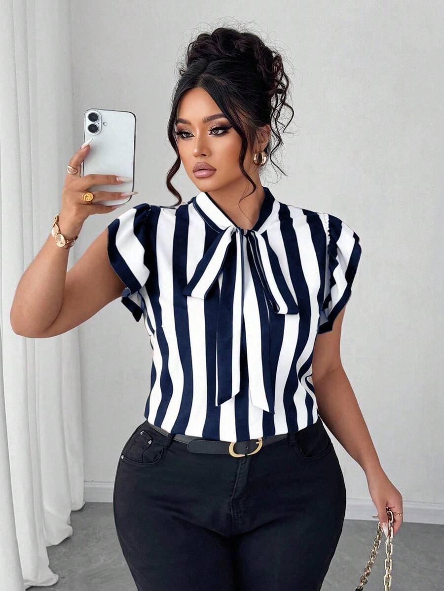 Elenzga Plus Size Casual/Commuting Black & White Striped Short Cap Sleeve Tie Design Collar Blouse - Navy Blue - View 1